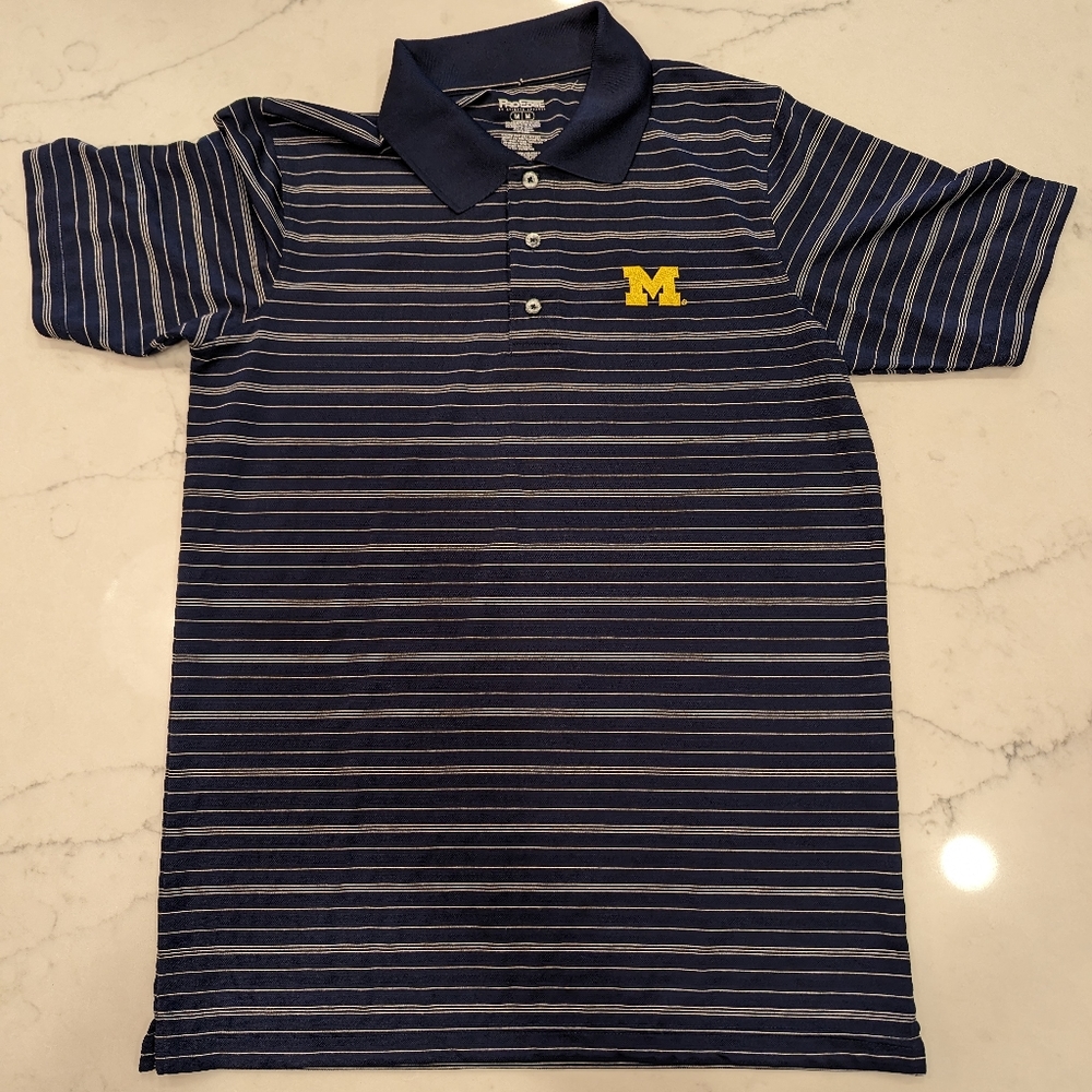 PRO Edge University of Michigan Blue Striped Short Sleeve Golf Polo